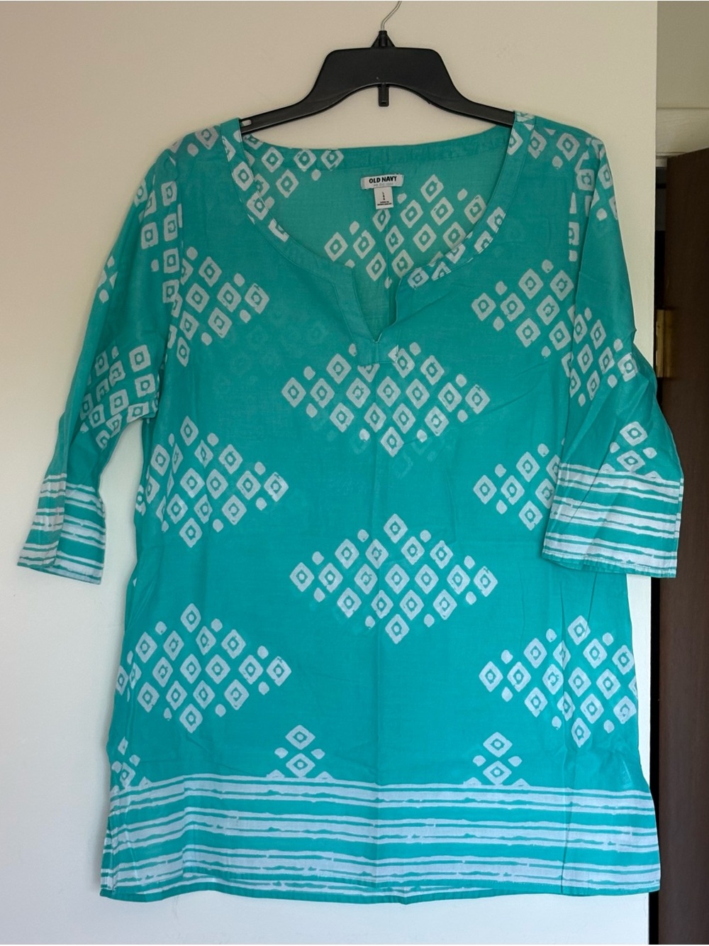 Old Navy Aqua Blue Boho Bandhani Diamond Print 3/4 Sleeve Tunic Top Size L